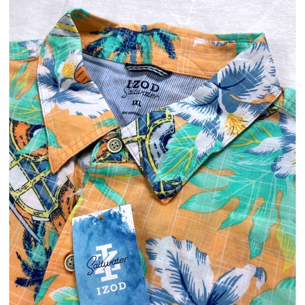 NWT Izod‎ Saltwater Dockside Shirt Men's XXL Caramel Cream Hawaiian Surf Car